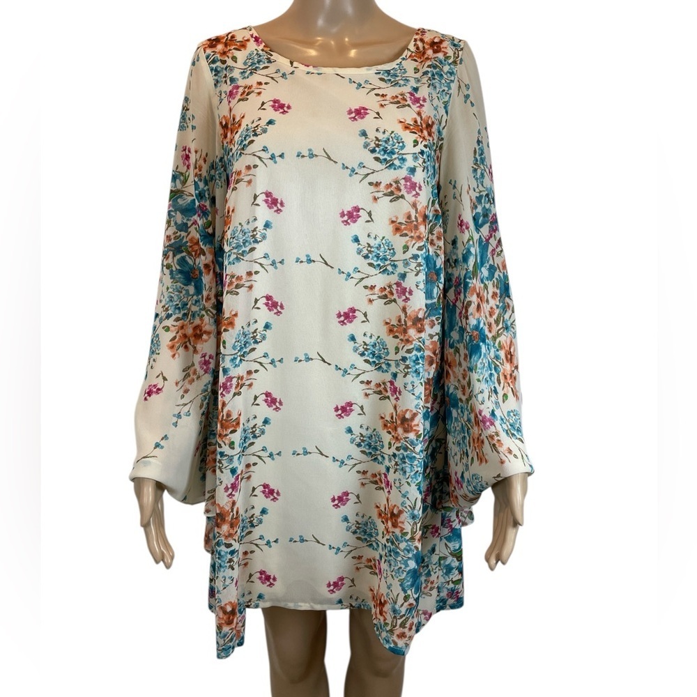 STACCATO Floral Cream Swing Tunic Dress - Teal & Coral Blossoms size M